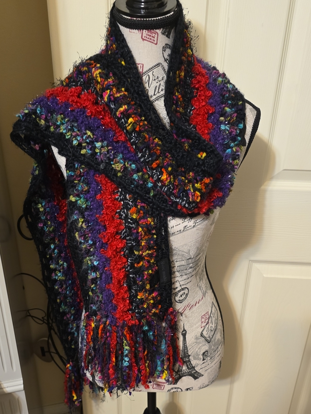 Steve Madden Multicolor Fringe Knit Scarf with Black Base